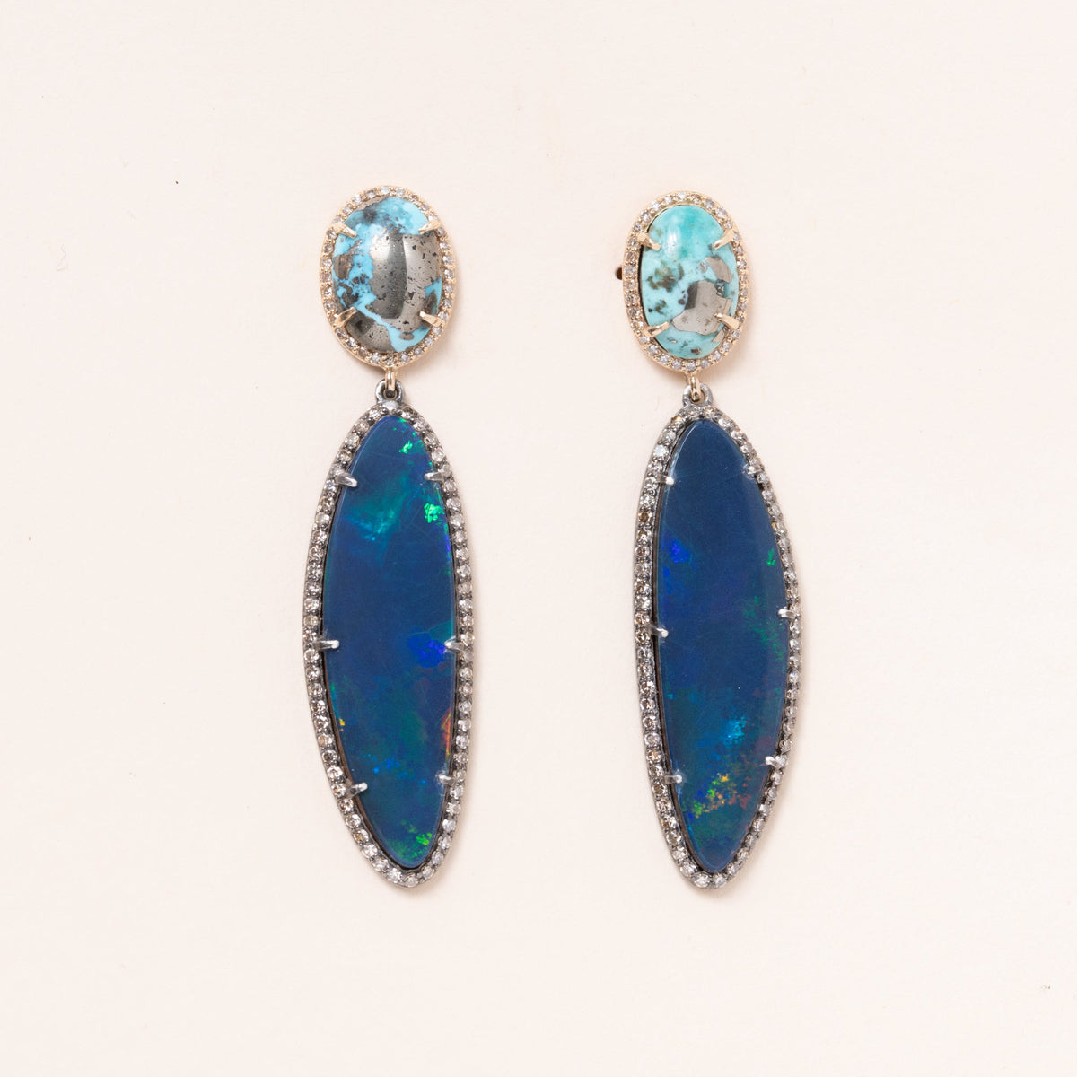 Persian Turquoise set in 14K Gold with Pave Diamonds, Large Australian Opals set in Silver with Pave Diamonds Earrings