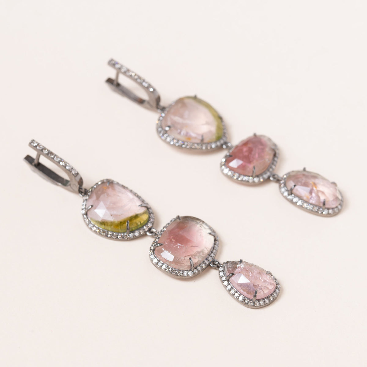 Natural Tourmaline set in Silver with Pave Diamonds Earrings