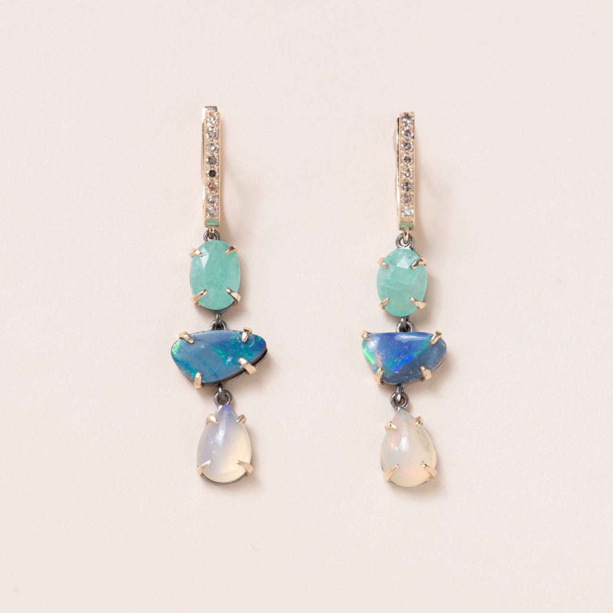 Colombian Emerald, Opal, Moonstone, Silver, 14K Gold & Pave Diamonds Earrings