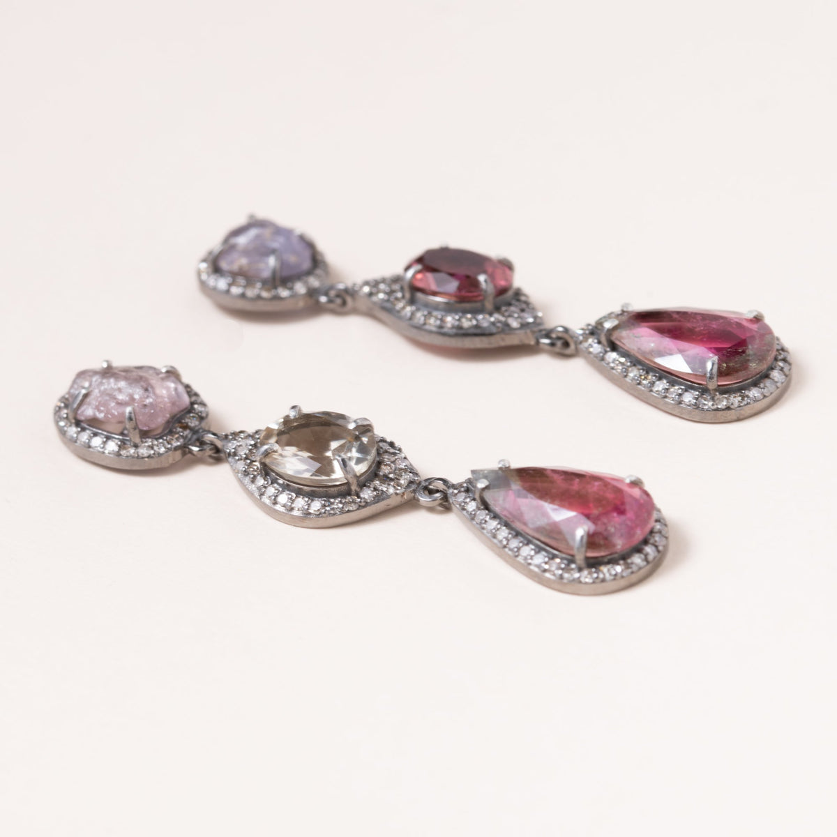 Natural Sapphire, Tourmaline, Sunstone, Watermelon Tourmaline, Silver & Diamond Pave Earrings