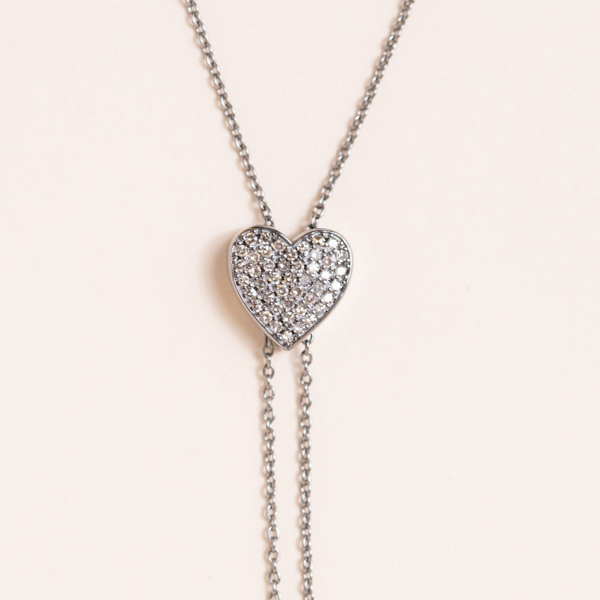 Silver and Pave Diamond Heart Bolo Tie Adjustable Necklace