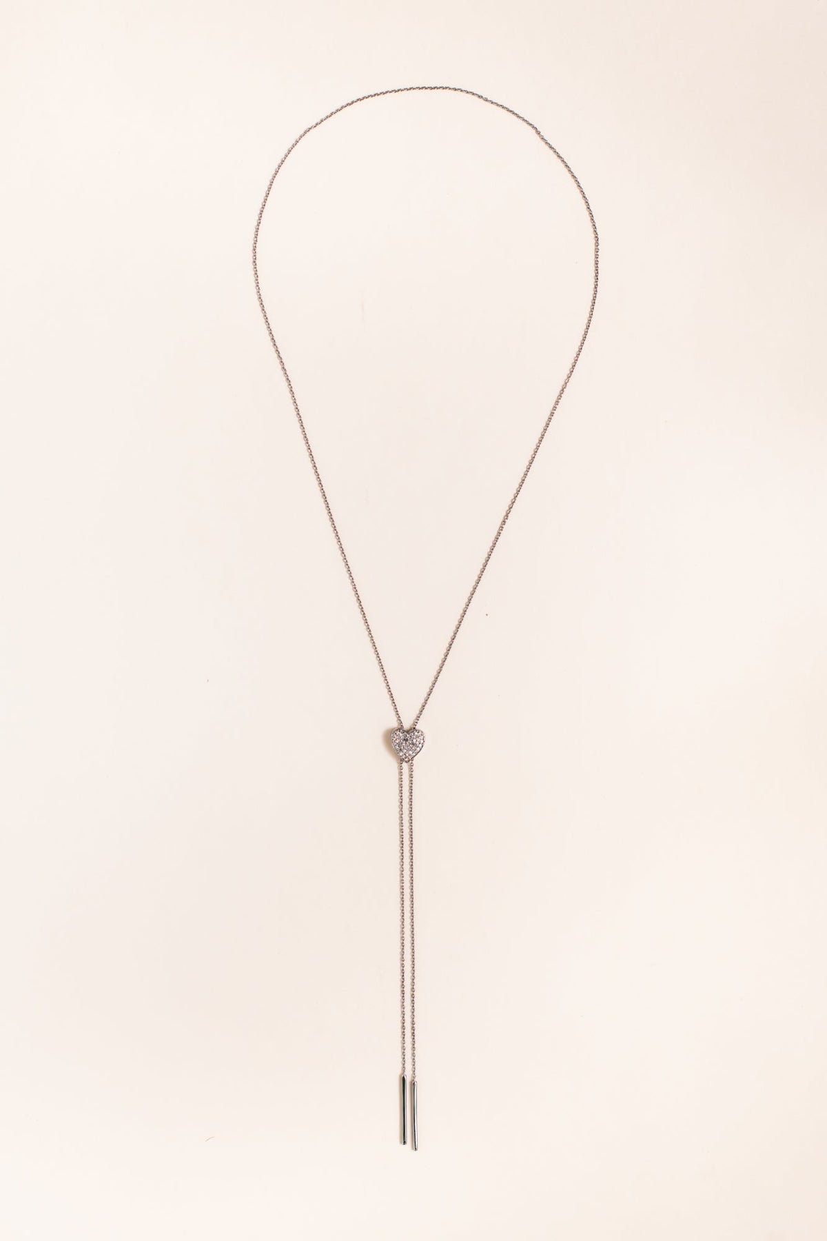Silver and Pave Diamond Heart Bolo Tie Adjustable Necklace