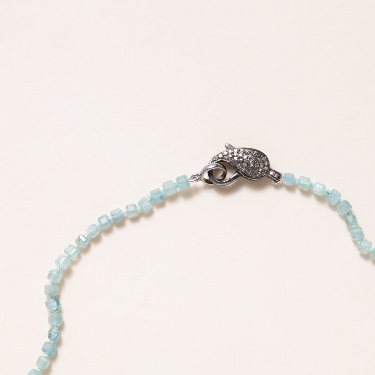 Hand Knotted Kyanite Square Beads with Silver & Diamond Pave Diamond Clap Necklace