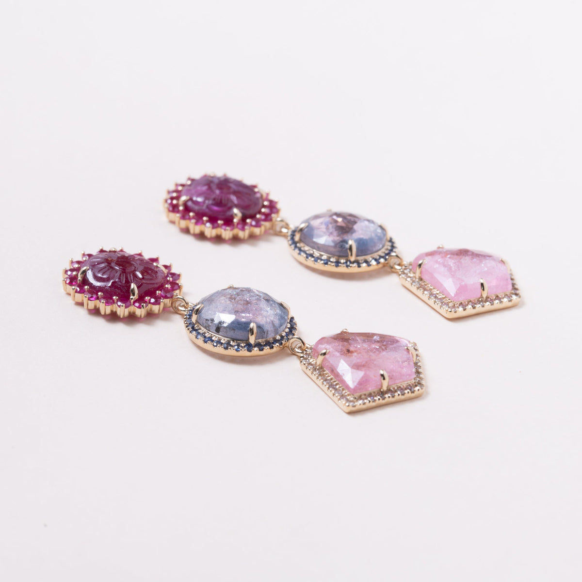 Carved Rubies, Tourmaline, with Diamond and Sapphire Earrings