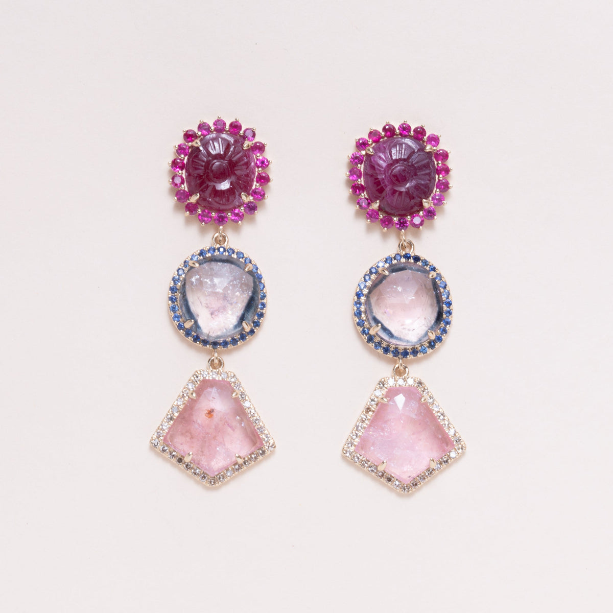 Carved Rubies, Tourmaline, with Diamond and Sapphire Earrings