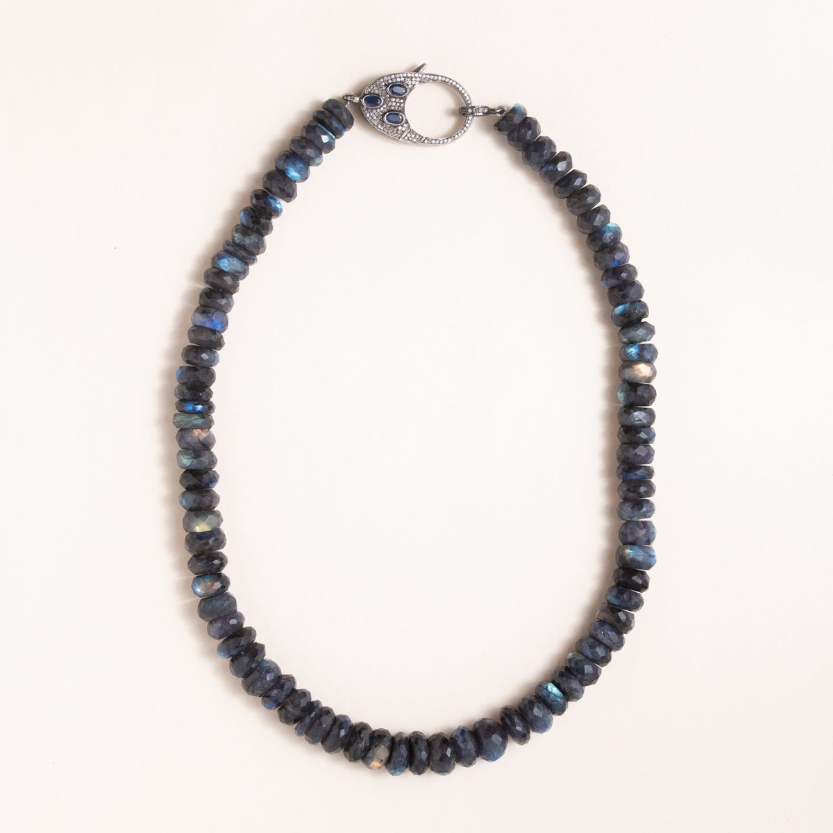 Labradorite Rondelle Necklace with Silver, Pavé Diamond and Sapphire Clasp, 18.5"
