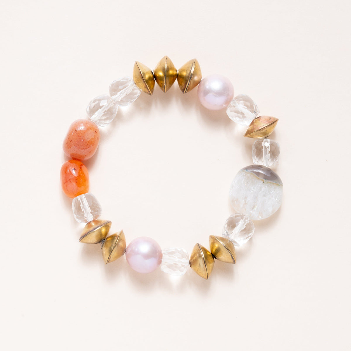 African Brass, Crystal, Precious Pearls, Carnelian & Geode Bracelet