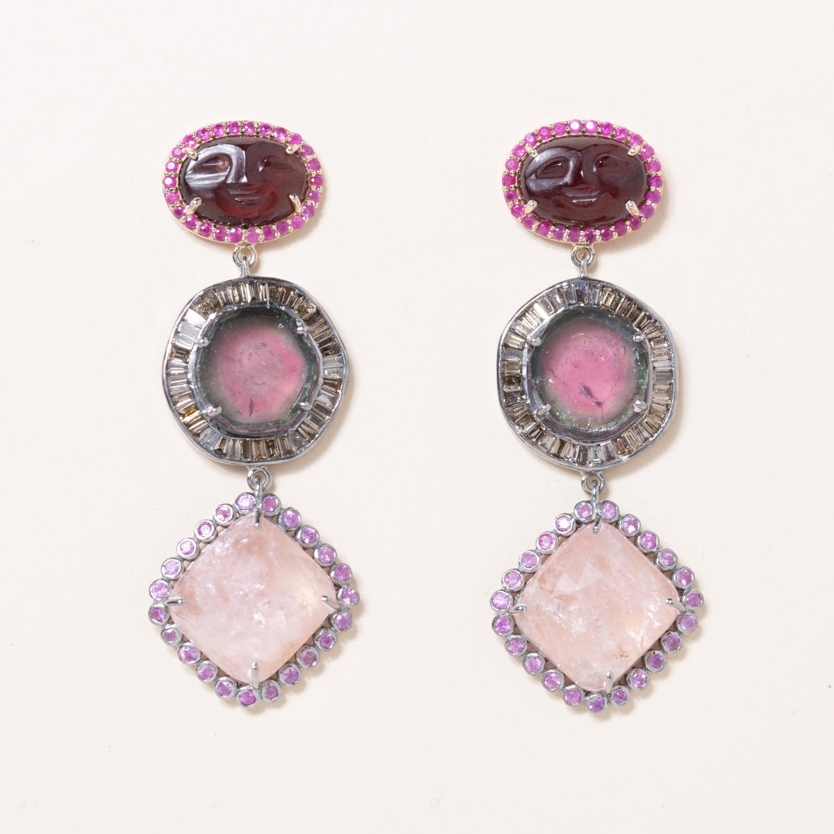Moonfaced Garnet, Watermelon Tourmaline & Morganite Earrings