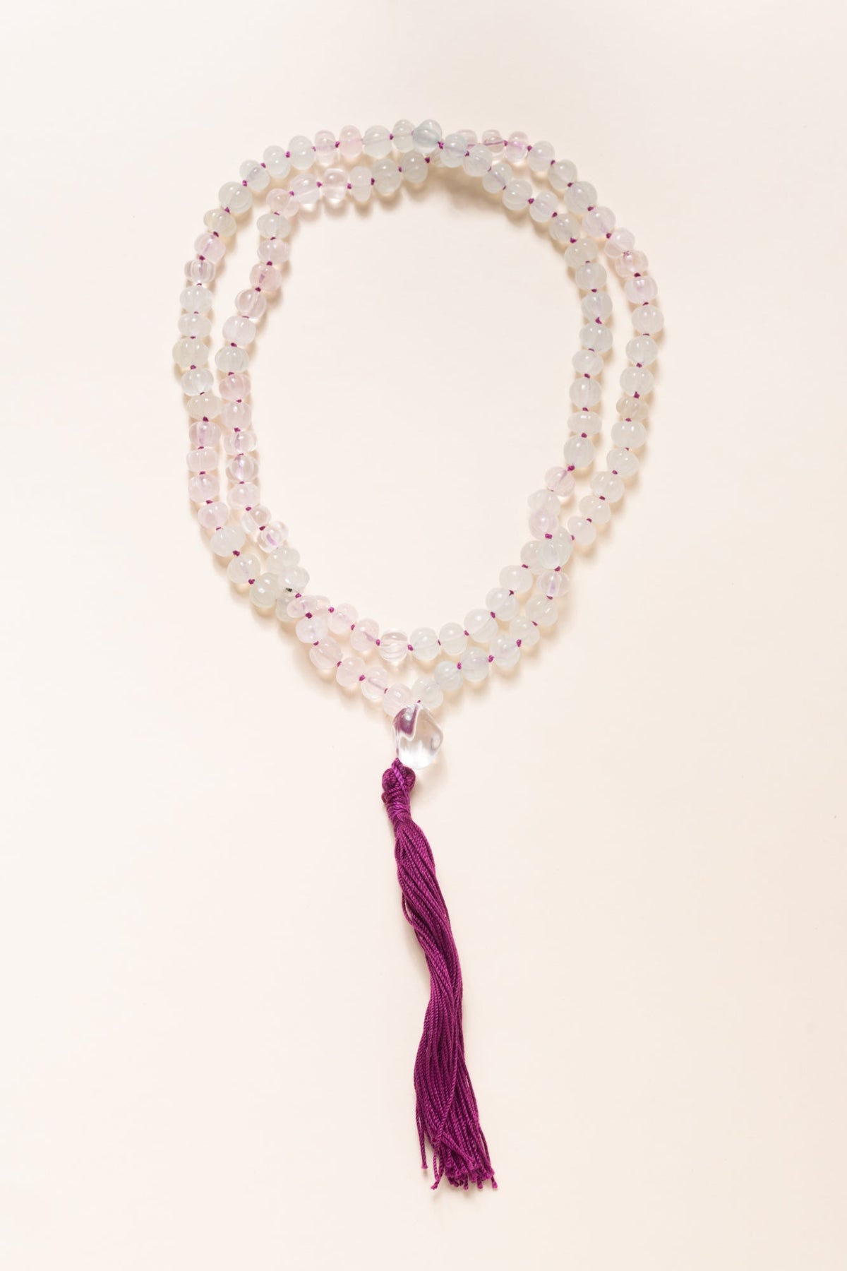 Carved Fluorite Mala with Crystal Guru Bead