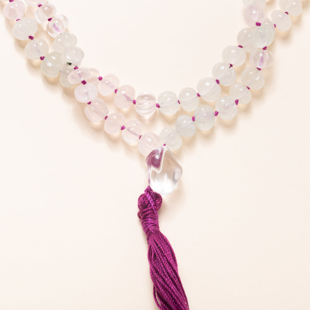 Carved Fluorite Mala with Crystal Guru Bead