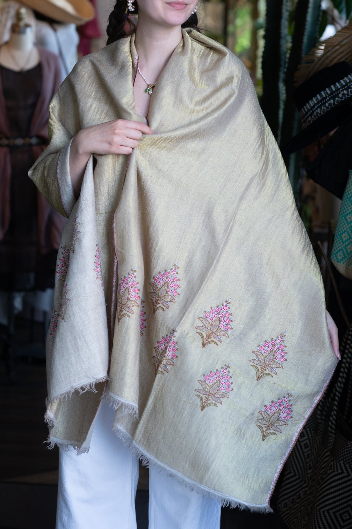 Hand Embroidered Pashmina with Flowers & Gold Thread