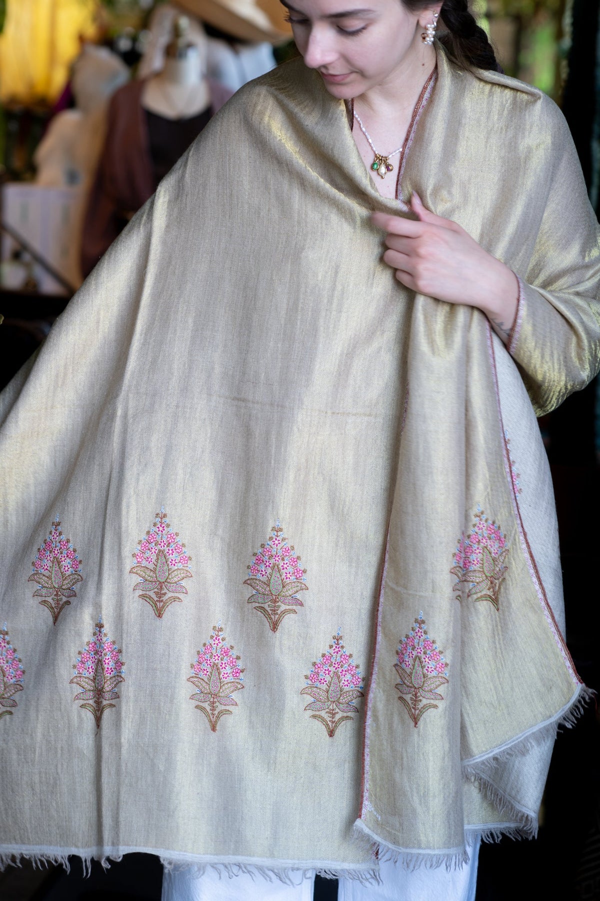 Hand Embroidered Pashmina with Flowers & Gold Thread