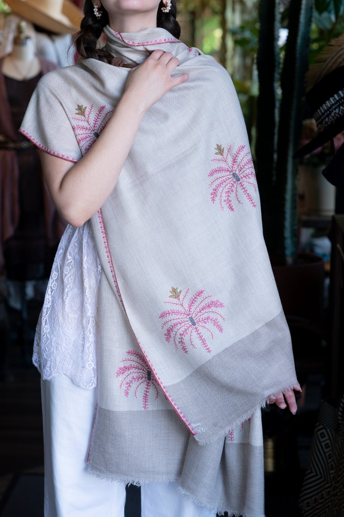 Hand Embroidered Pashmina with Palm Trees