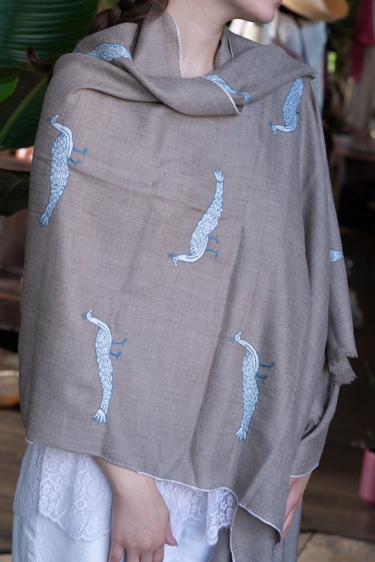 Hand Embroidered Pashmina with Peacocks