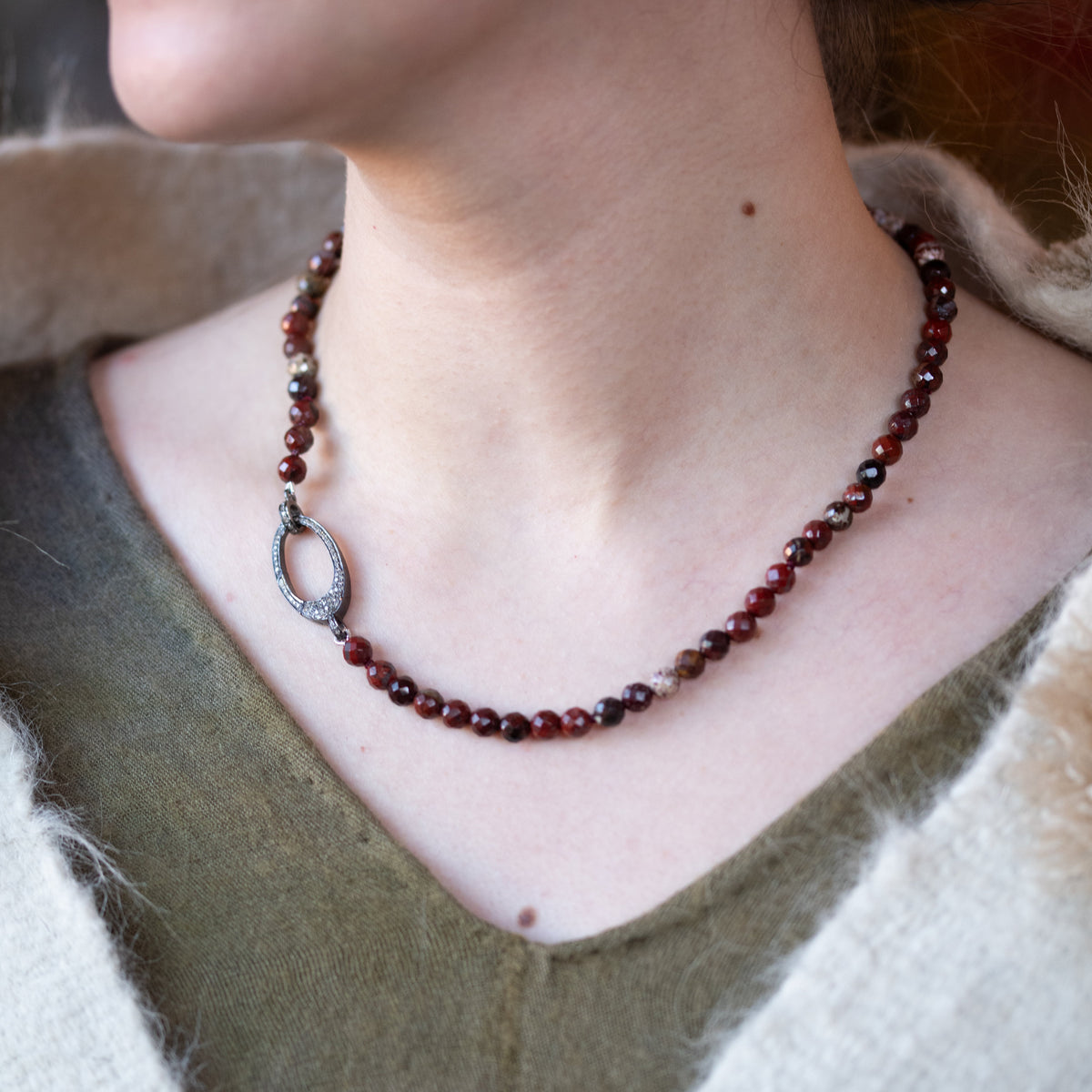 Jasper Necklace with Silver and Diamond Pave Clasp