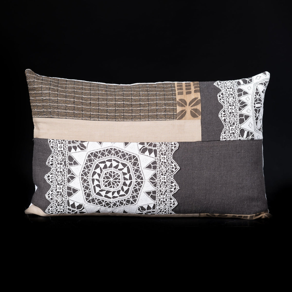 Handmade Pillow Vintage Lace, African Print, European Linen & Cotton