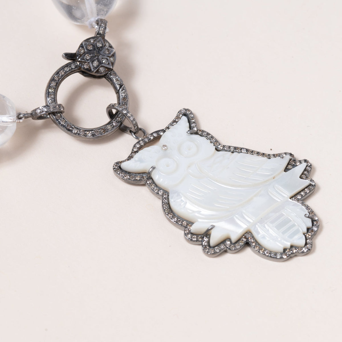 Mother of Pearl Owl Pendant with Diamond Pave