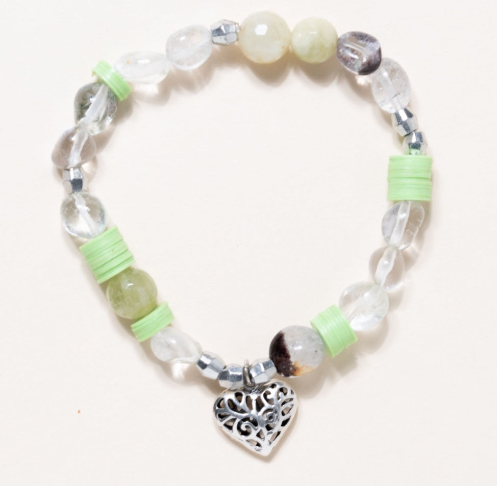 African Vinyl, Phantom Quartz, Aquamarine, Tuxedo Agate, Mexican Silver Heart Pendant