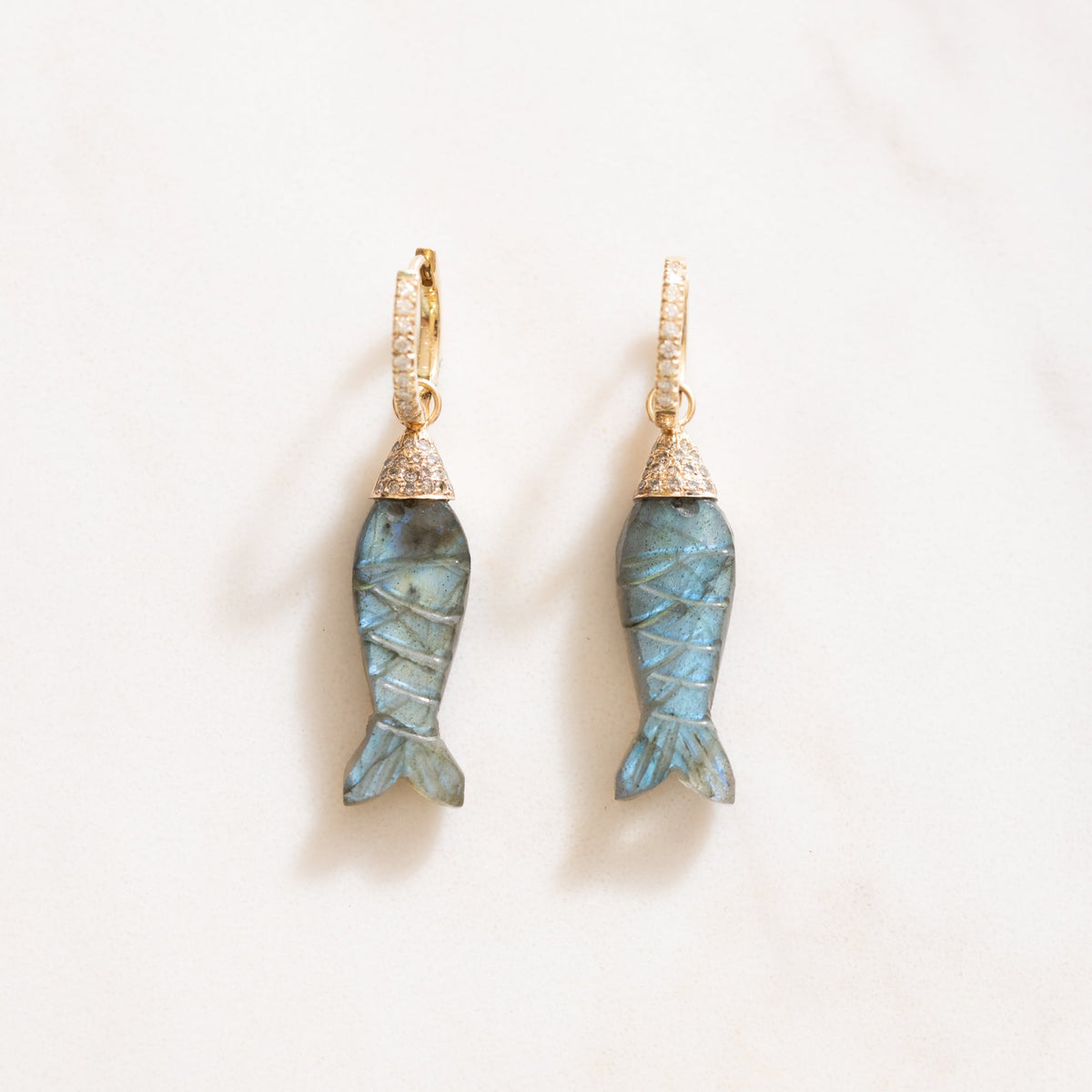 Labradorite Hand Carved Fish Earrings On 14K Gold & Pave Diamond Hoops