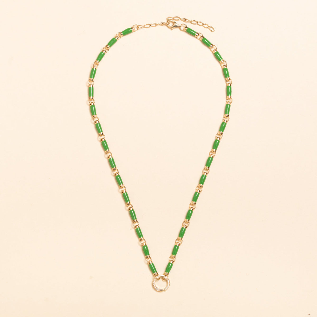 17'' Petite Gold and Green Enamel Link Necklace with Diamond Connector