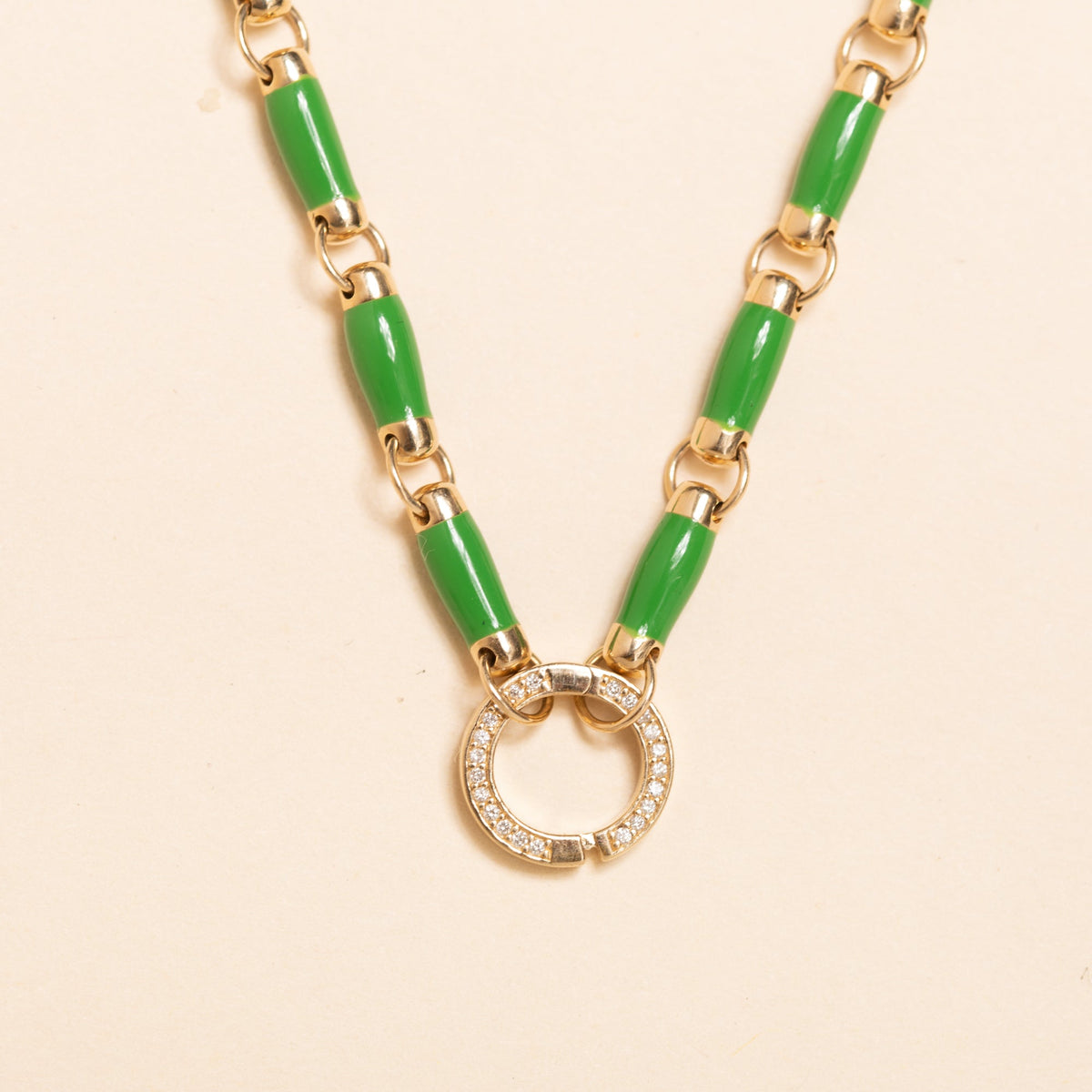 17'' Petite Gold and Green Enamel Link Necklace with Diamond Connector