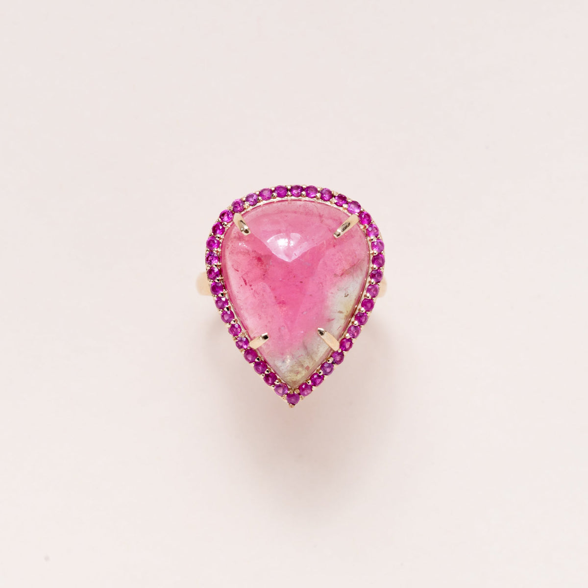 Pear Shape Watermelon Tourmaline Ring with Pave Pink Sapphire and 14k Gold
