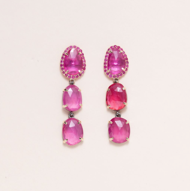 Ruby Drop Earrings, 14K Gold, Silver & Pink Sapphire Pave