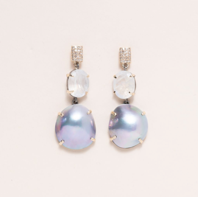 Mabe Pearl, Moonstone, 14K Gold & Pave Diamond Drop Earrings