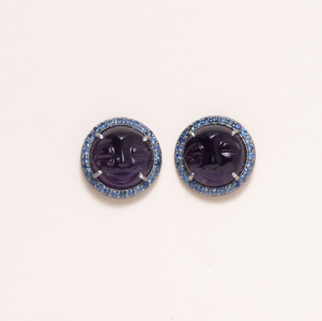 Amethyst Moon Stud Earrings, Silver & Pave Sapphire