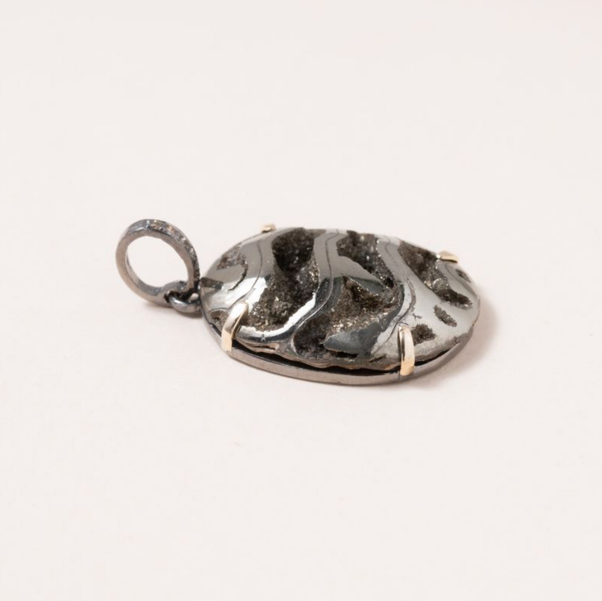 Pyritized Ammonite, 14K Gold Prongs, Silver and Pave Diamond Pendant