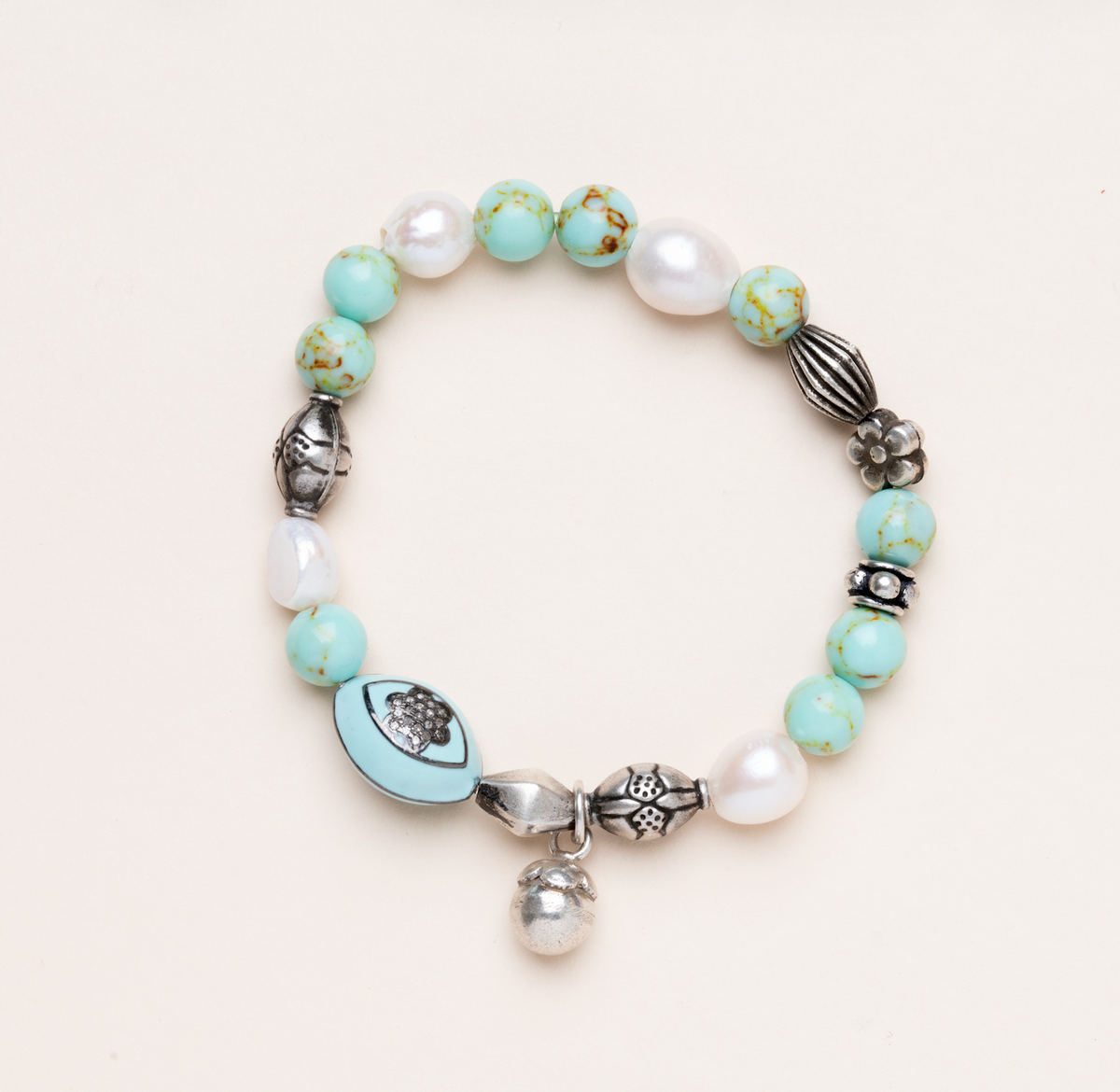 Green Howlite, Silver Tibetan Beads and Pendant, Precious Pearls and Enamel and Diamond Bead Bracelet
