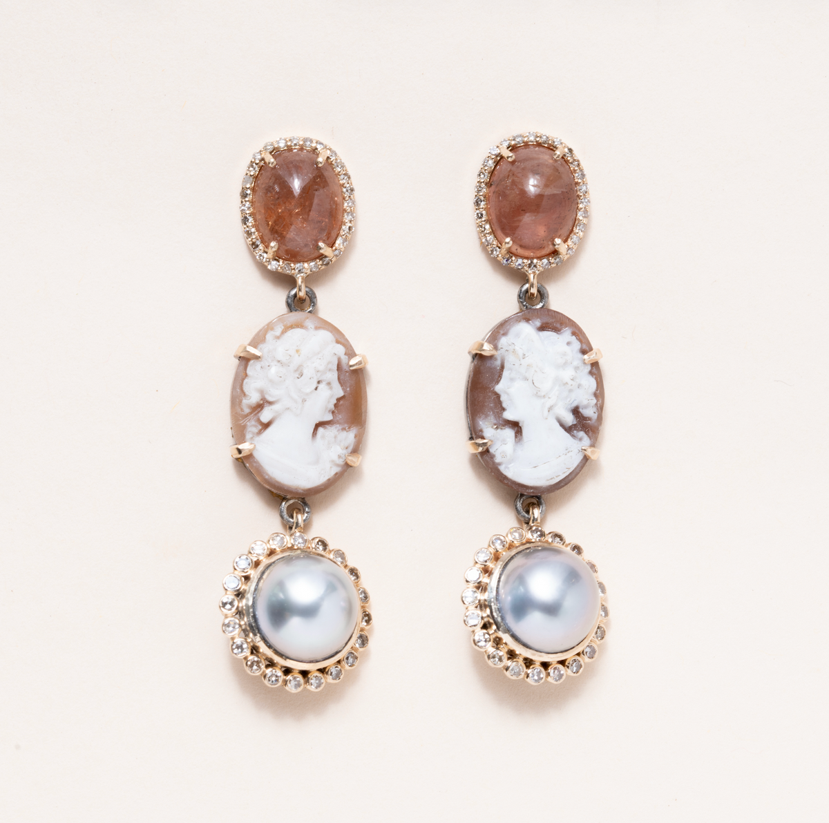 Limpia River Sapphire, Italian Shell Cameo, Tahitian Pearl, 14K Gold, and Damond Pave Earrings