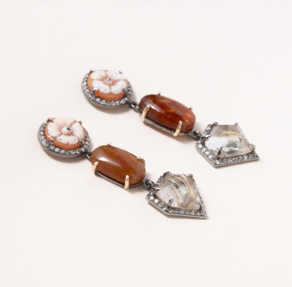Limpia River Sapphire, Italian Shell Cameo, Rutilated Quartz, Silver, 14 K Gold and Diamond Pave Earrings