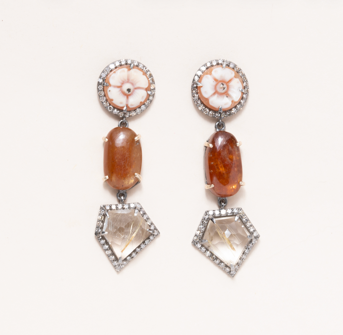 Limpia River Sapphire, Italian Shell Cameo, Rutilated Quartz, Silver, 14 K Gold and Diamond Pave Earrings