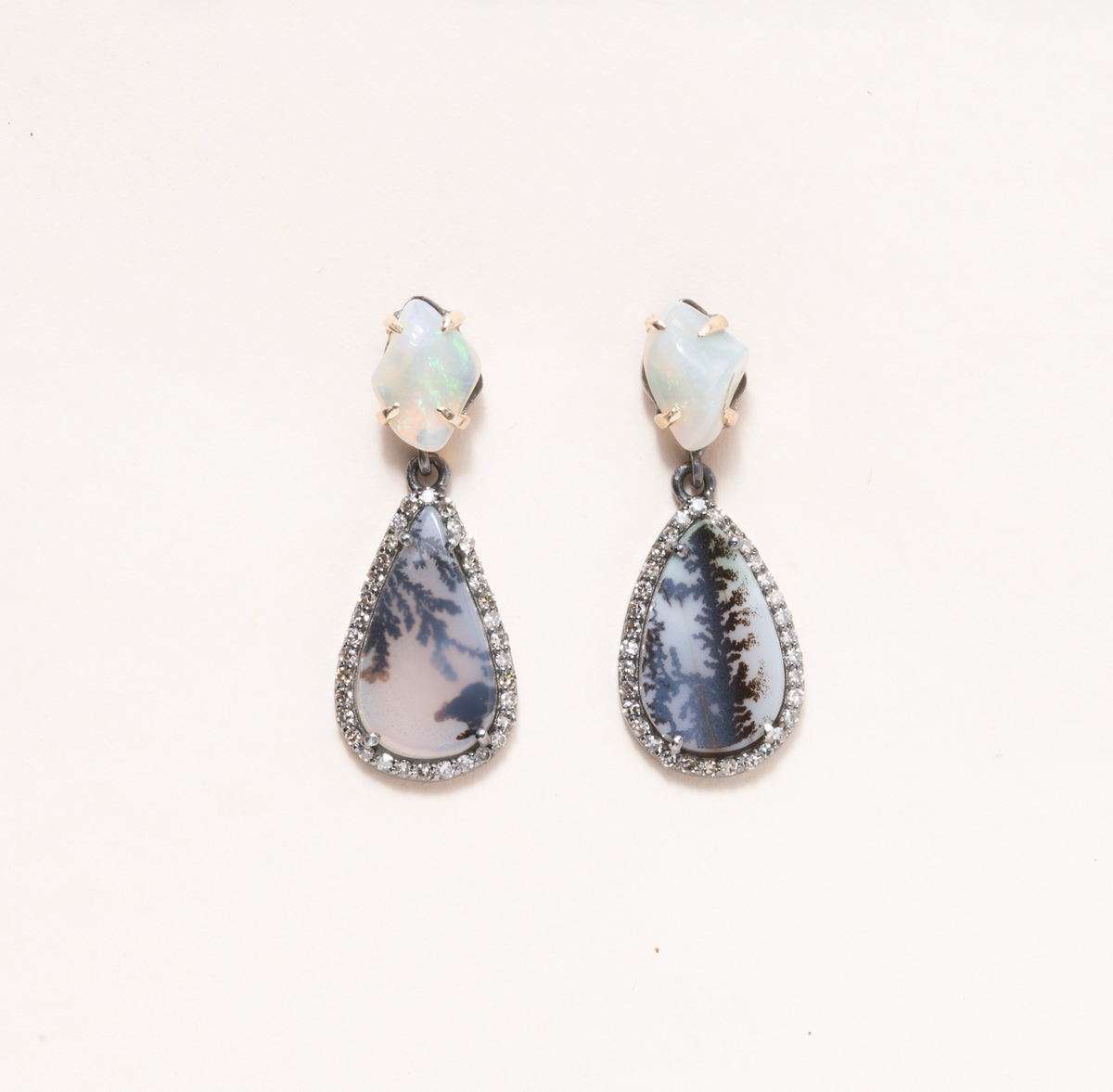 Natural White Australian Opal, Dendritic Agate, Silver, 14K Gold & Diamond Pave Earrings