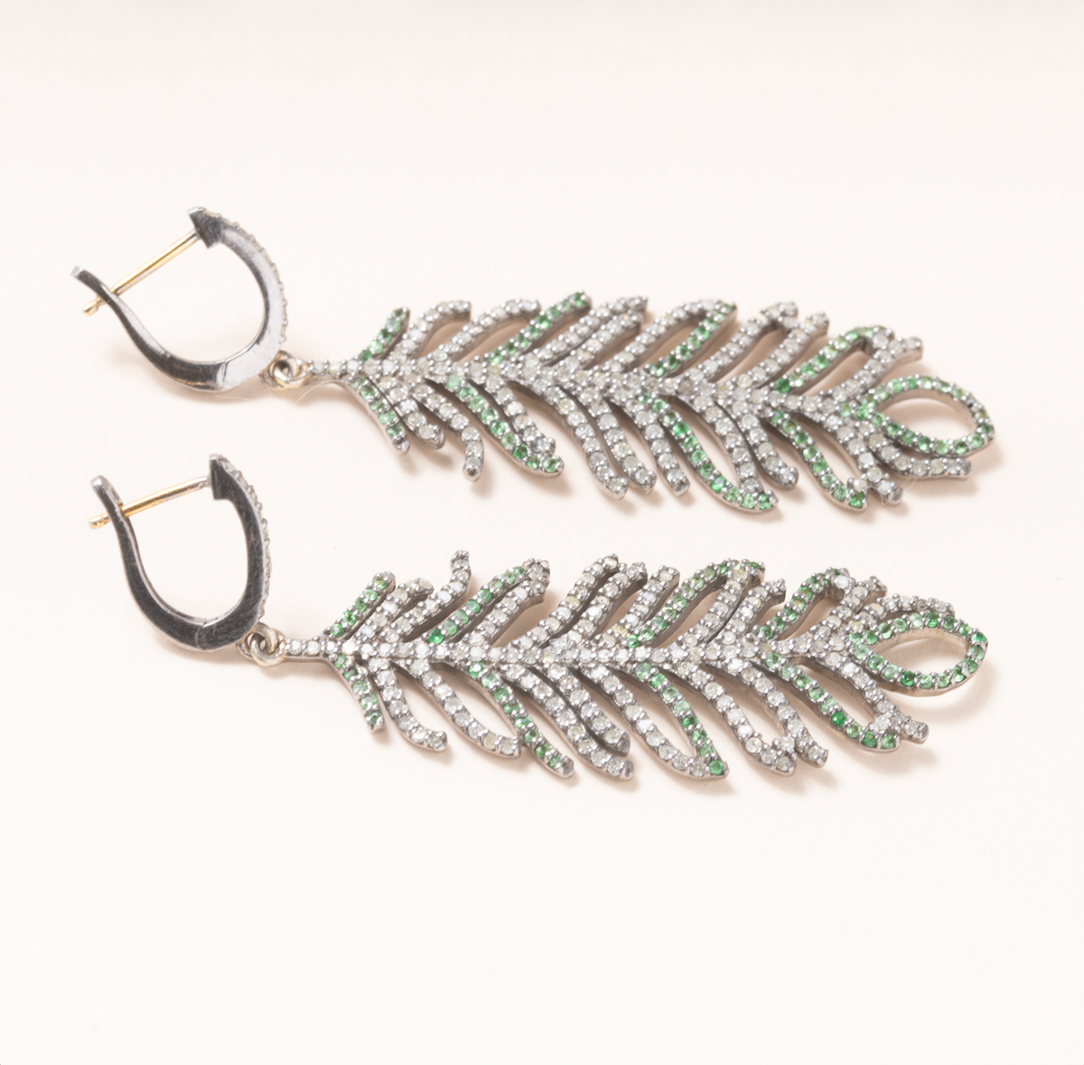 Diamond and Emerald Pave, Silver & 18K Gold Feather Earrings