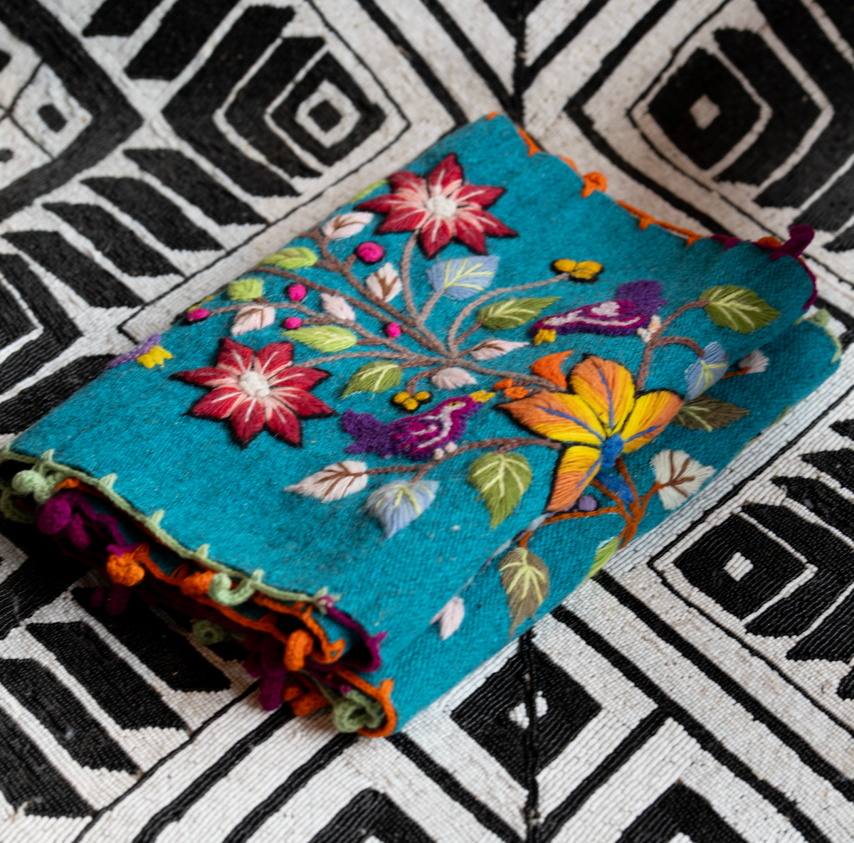 Hand Embroidered Turquoise Table Runner