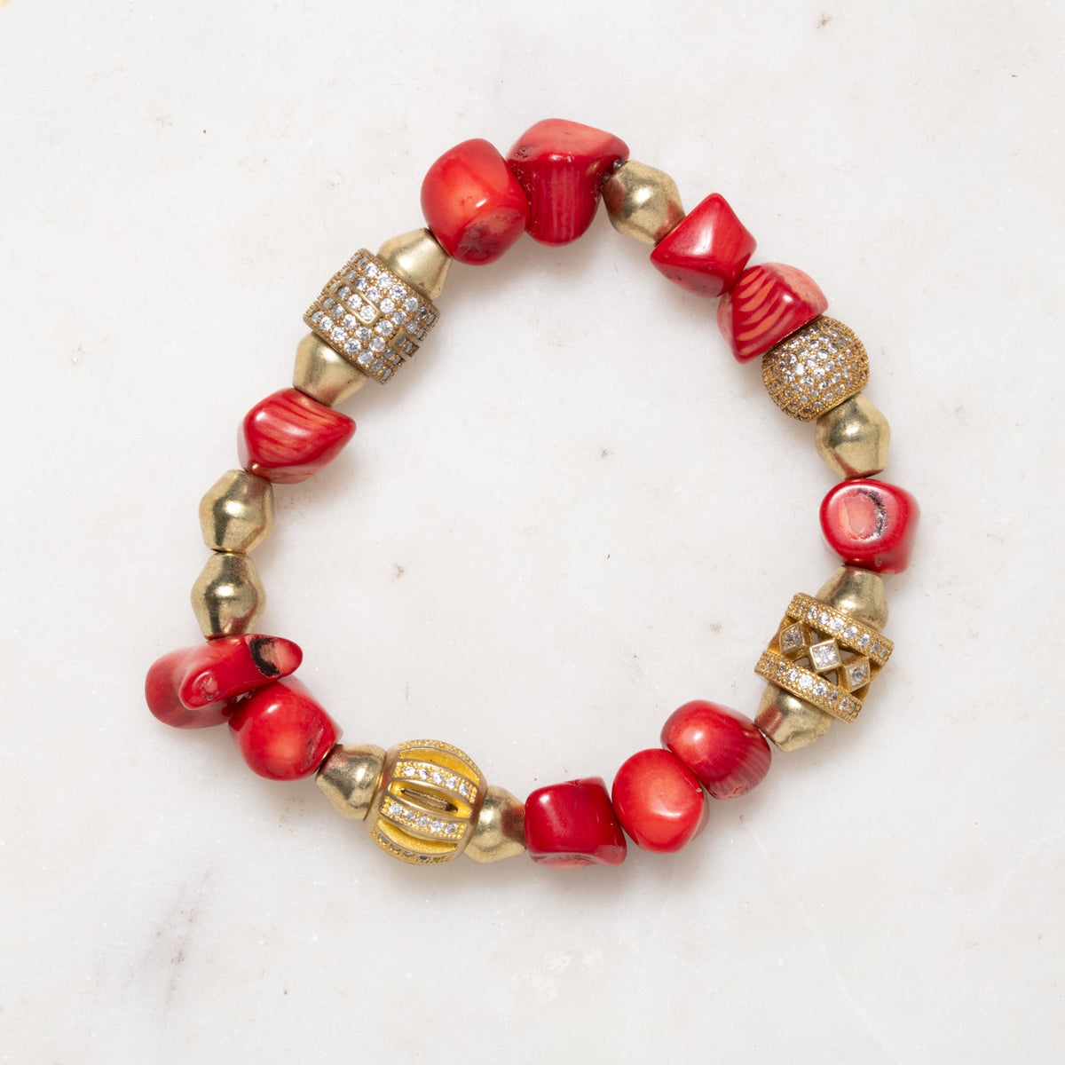 African Brass, Coral, and CZ Diamonds Bloom Bracelet