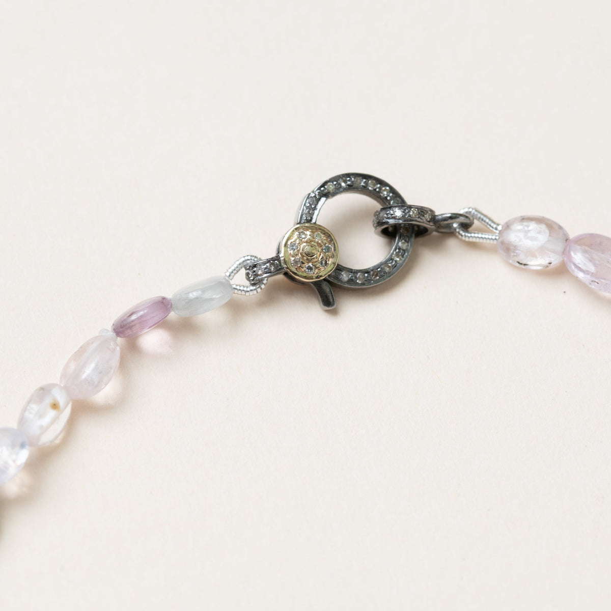 Multi Colored Soft Sapphire Necklace with Silver & 14K Gold Pave Diamond Clasp