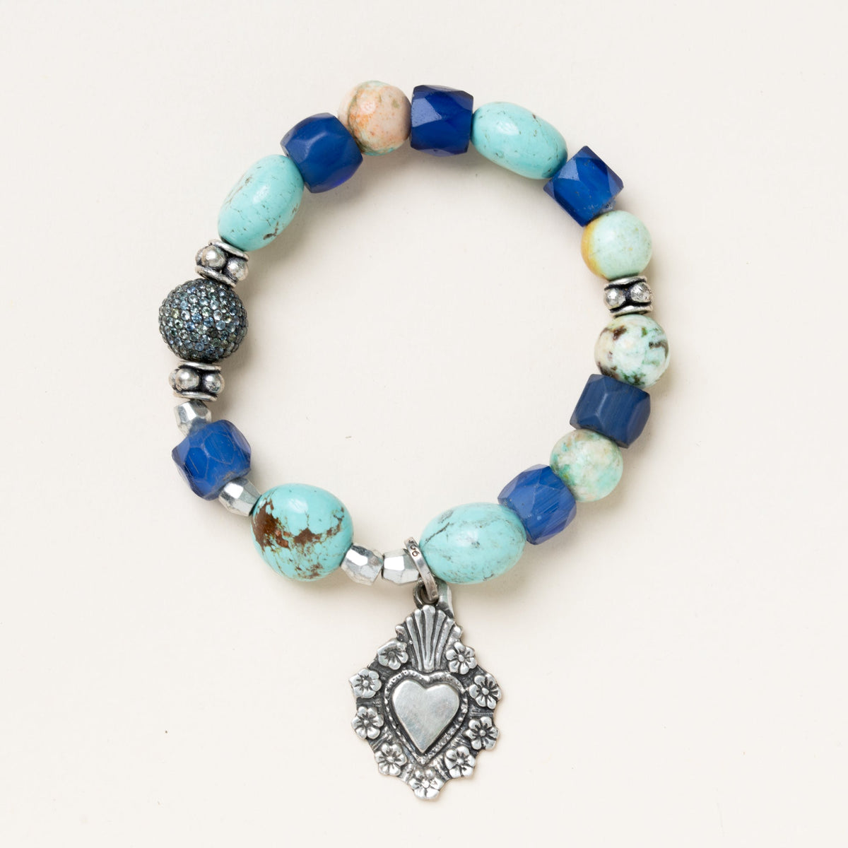 Vintage African Glass, Turquoise, Multi Sapphire Pave & Silver