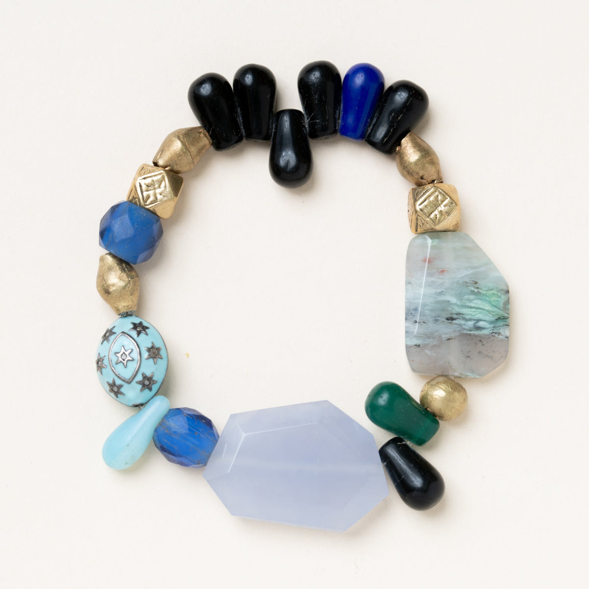 Chalcedony, Vintage African Glass, Enamel, Diamonds & Brass