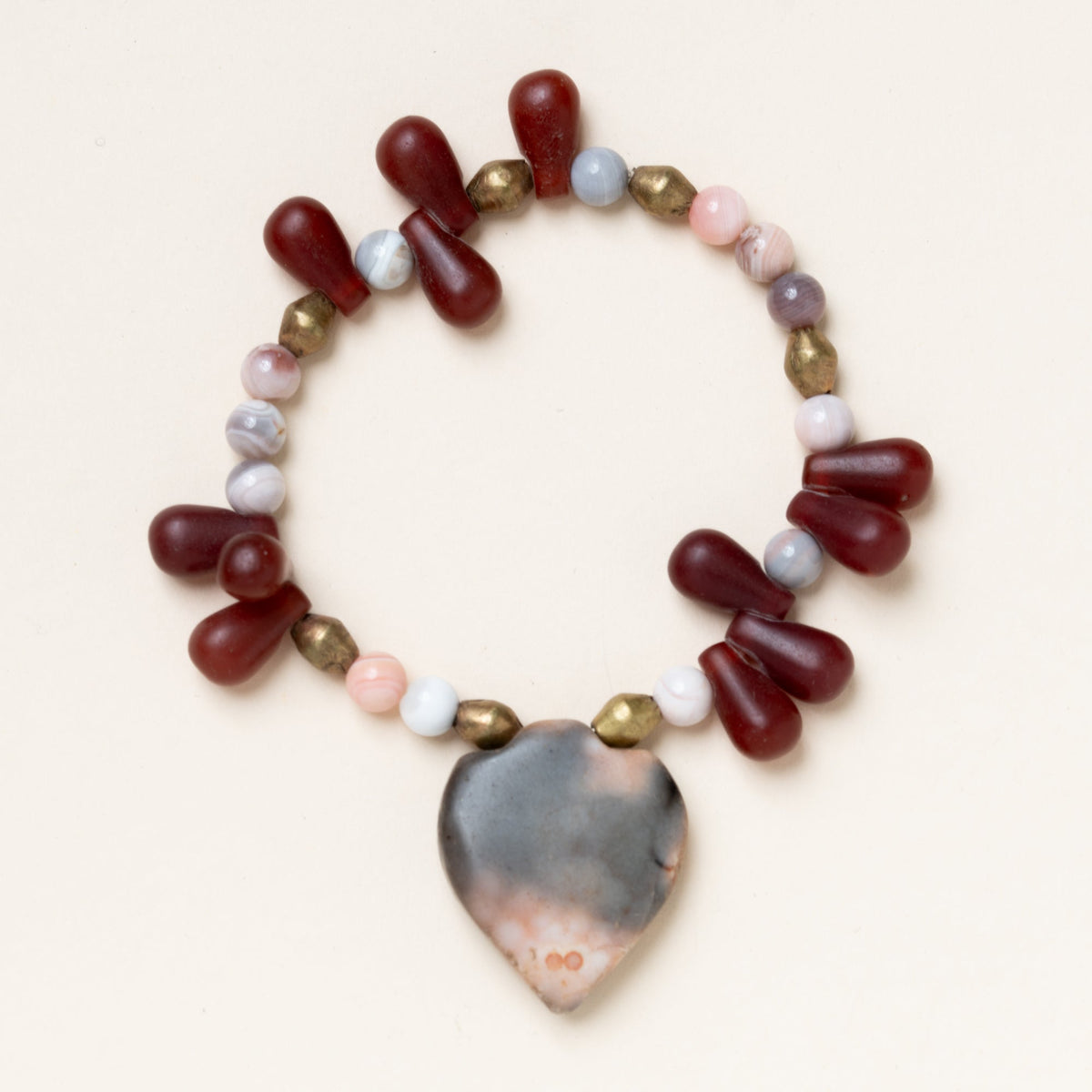 Botswana Agate, Vintage African Glass, Brass & Firestone