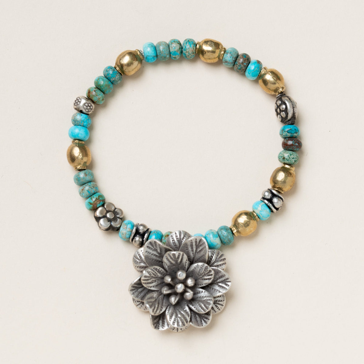Light Blue Sea Sediment, Jasper Rondelle, Brass, Indian & Nepalese Silver beads with Flower Pendant