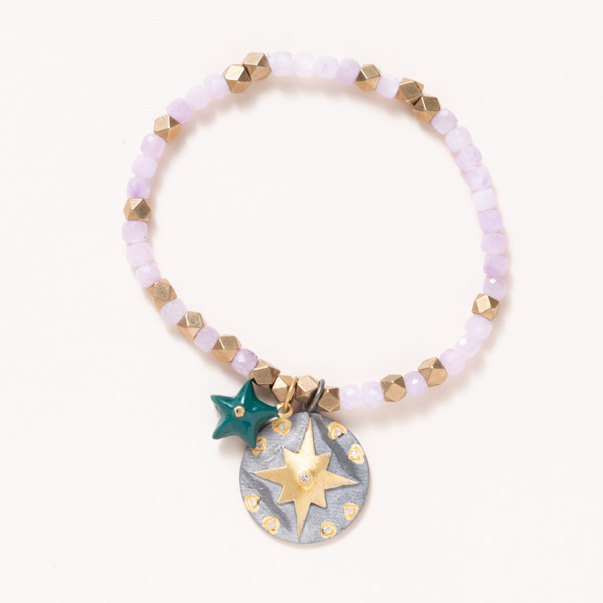 Brass & Kunzite Beads with Silver & Gold Plated Pendant & Enamel Star Pendant