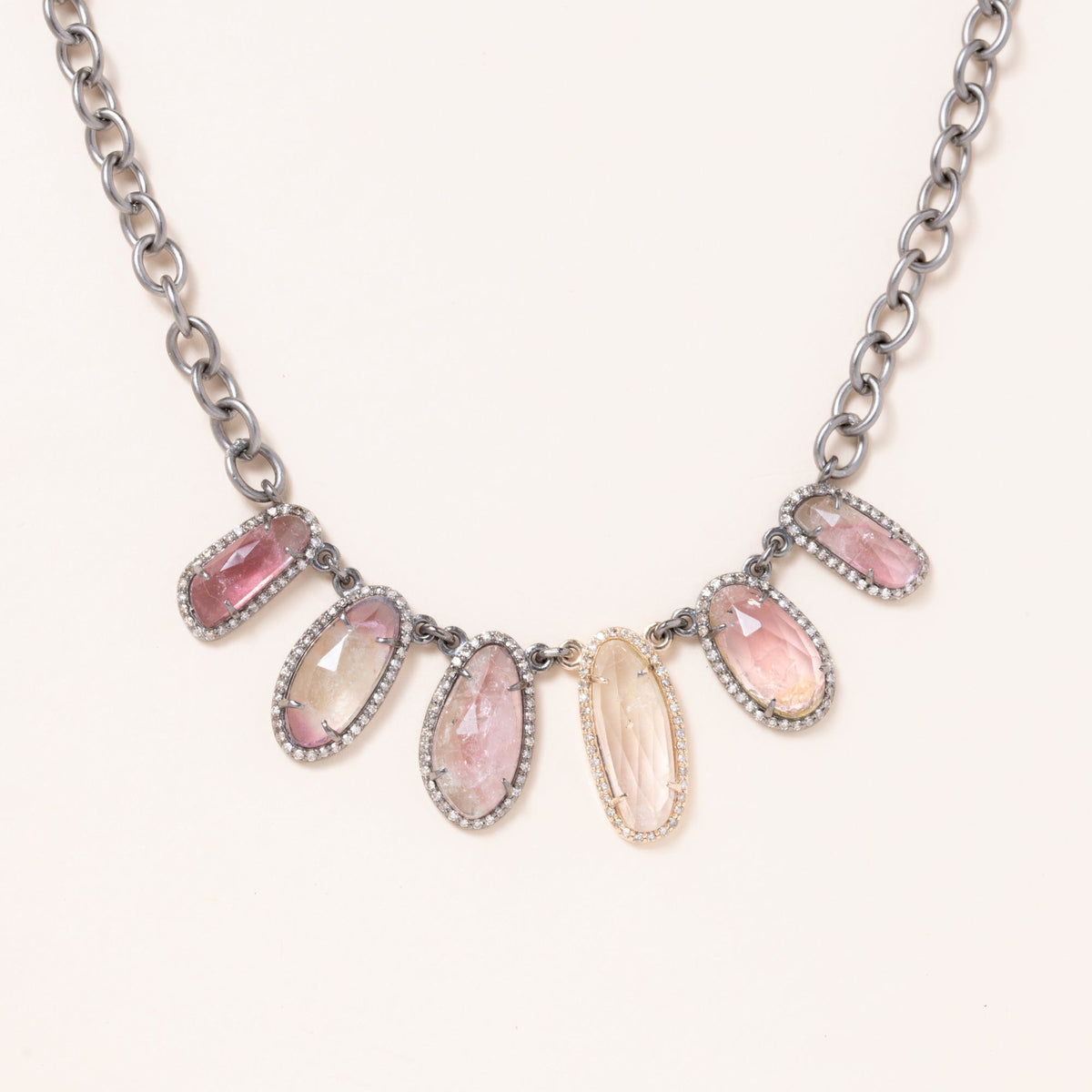 Natural Tourmaline, 14K Gold, Silver & Pave Diamond Necklace with Pave Diamond Clasp