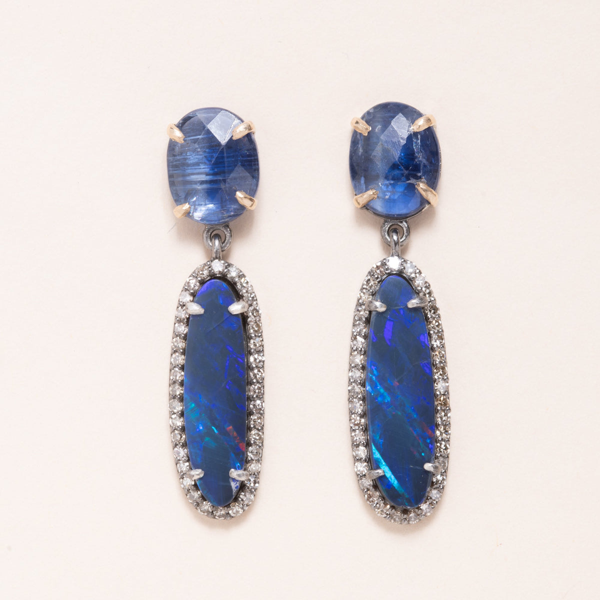 Kyanite, Australian Opal, Silver, 14K Gold & Diamond Pave Earrings