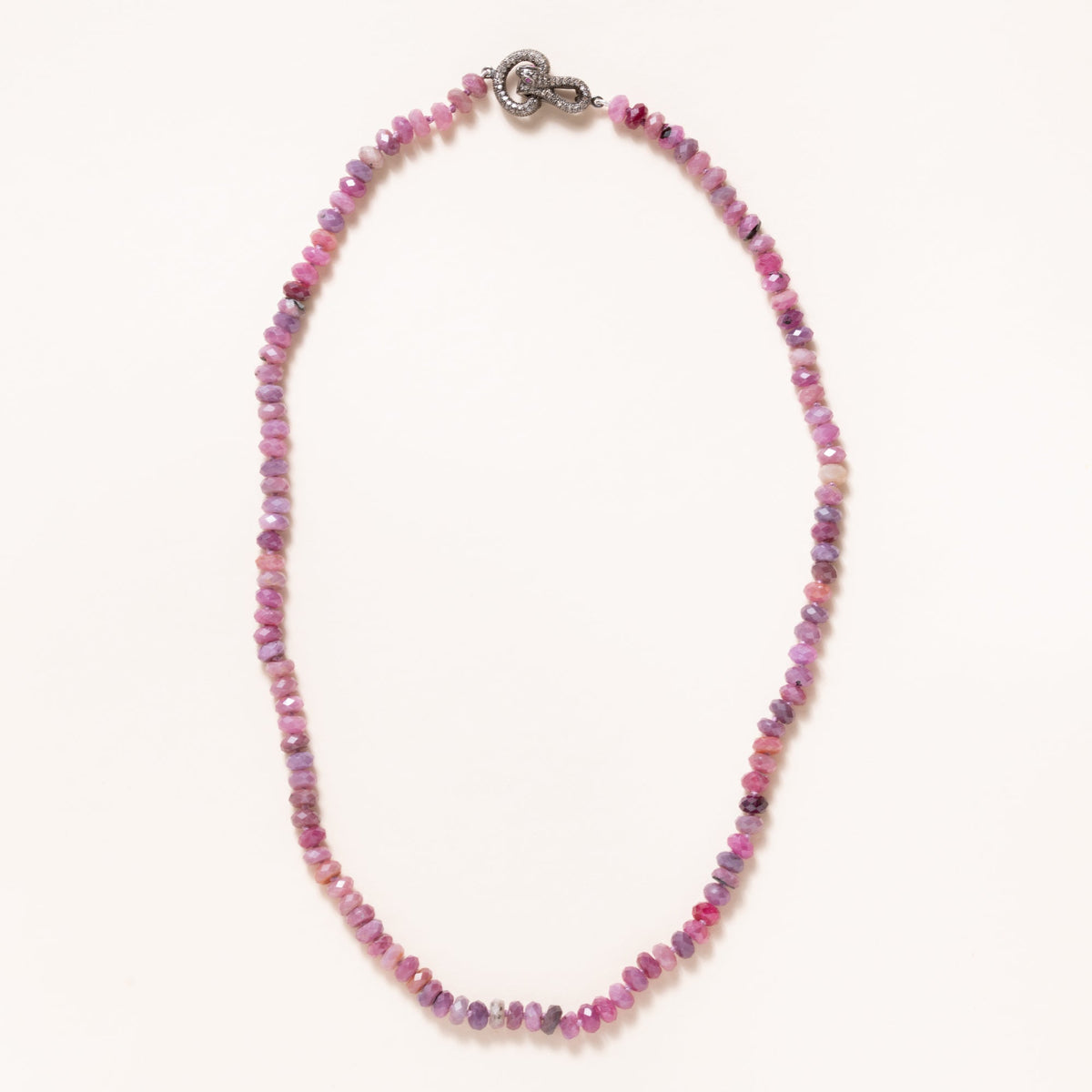 Hand Knotted Ruby Faceted Rondelle Beads with Silver Pave Diamond Clasp Necklace