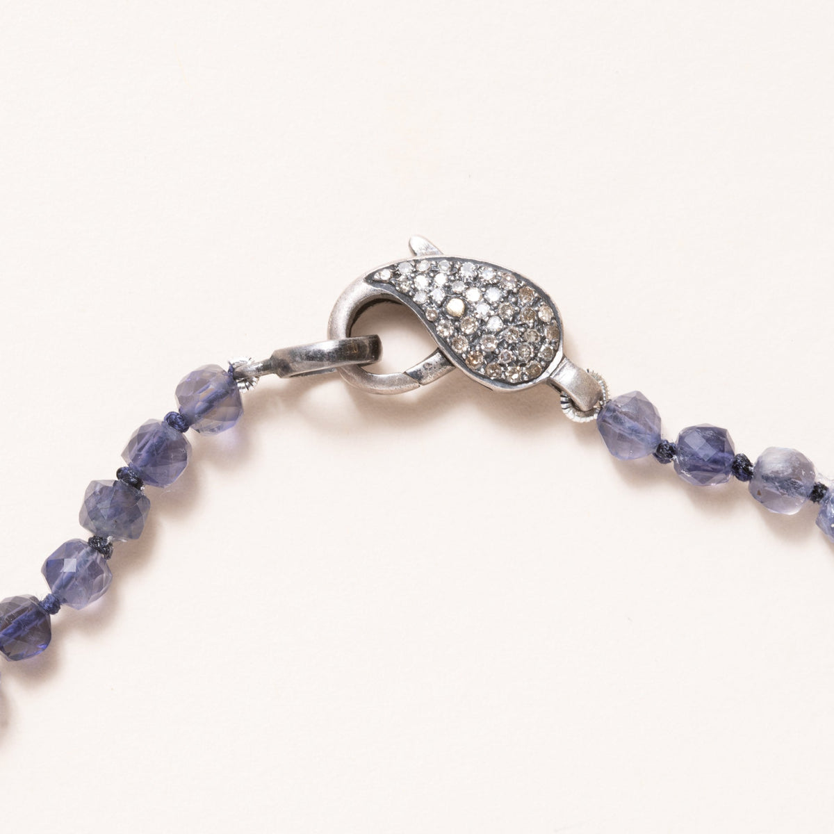 Hand Knotted Iolite Beads with Silver Pave Diamond Clasp Necklace