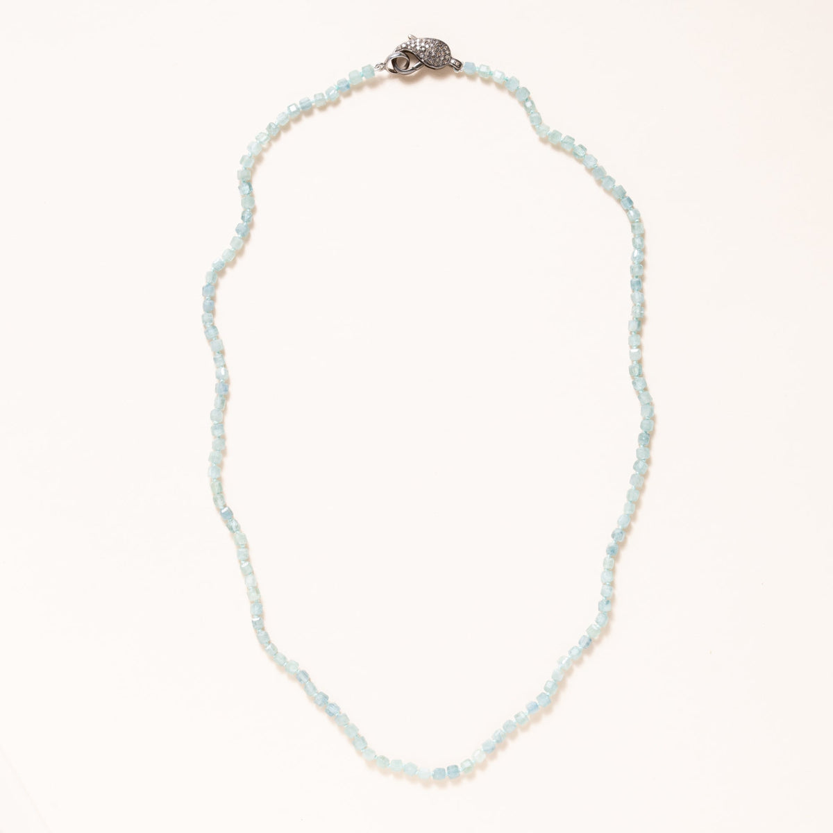 Hand Knotted Kyanite Square Beads with Silver & Diamond Pave Diamond Clap Necklace