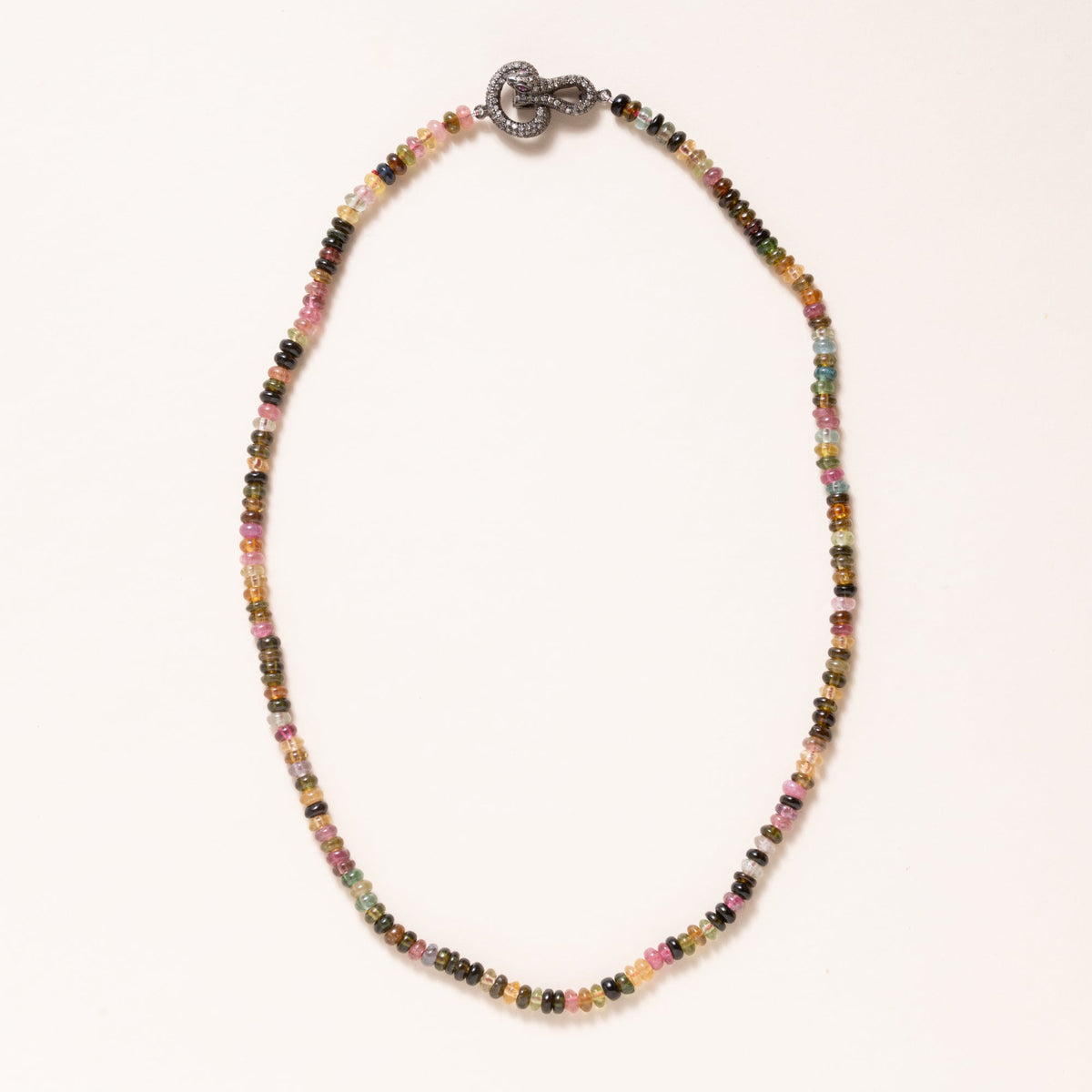 Hand Knotted Mixed Tourmaline Rondelle Beads with Silver Pave Diamond Clasp Necklace